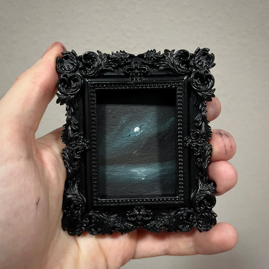 Silent Eclipse – Gothic Miniature Oil Painting | Dark Academia Minimal Moon Art | Framed Original