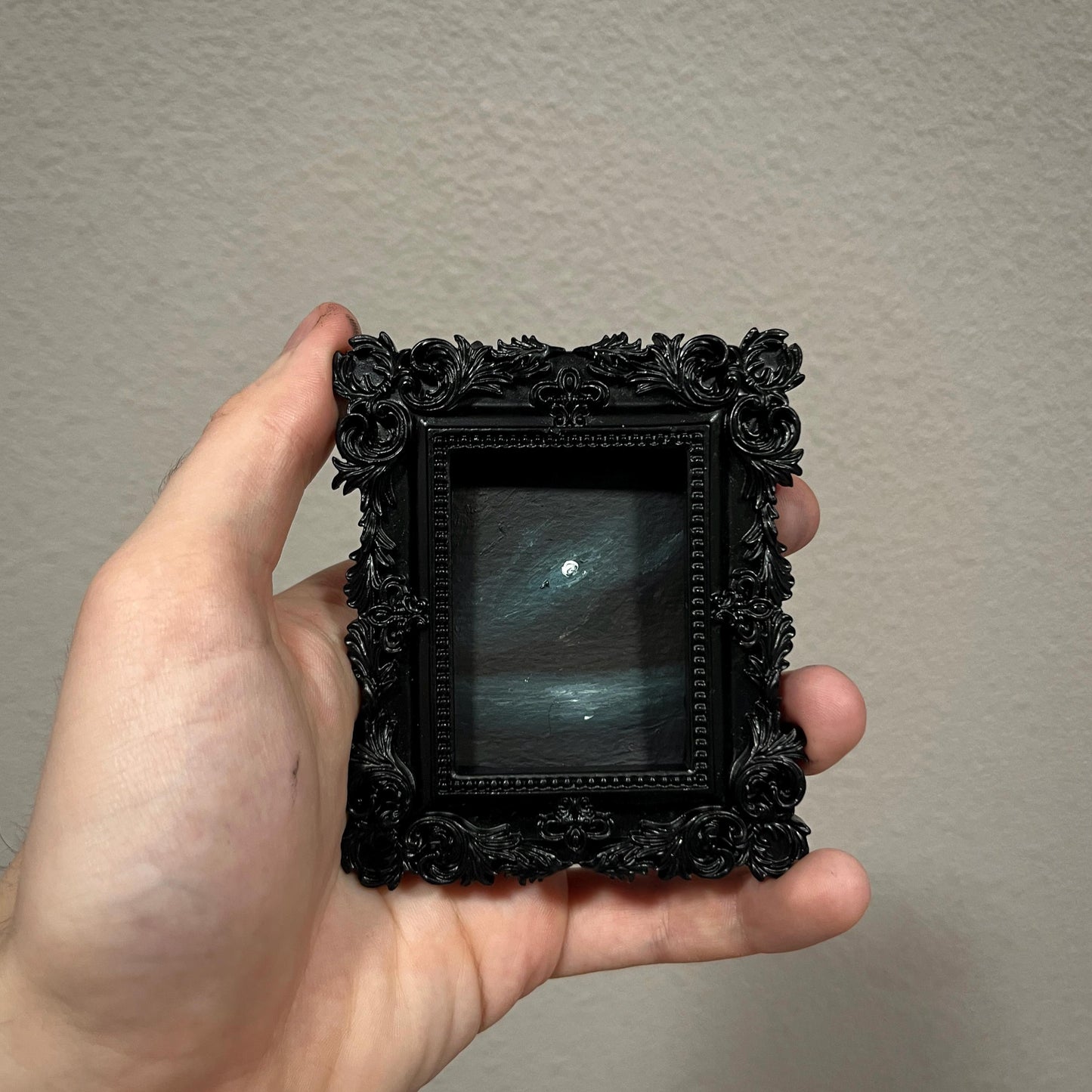 Silent Eclipse – Gothic Miniature Oil Painting | Dark Academia Minimal Moon Art | Framed Original