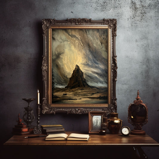 Moonlit Mountain Oil Painting: Gothic Dark Academia Art (24x32 inch)