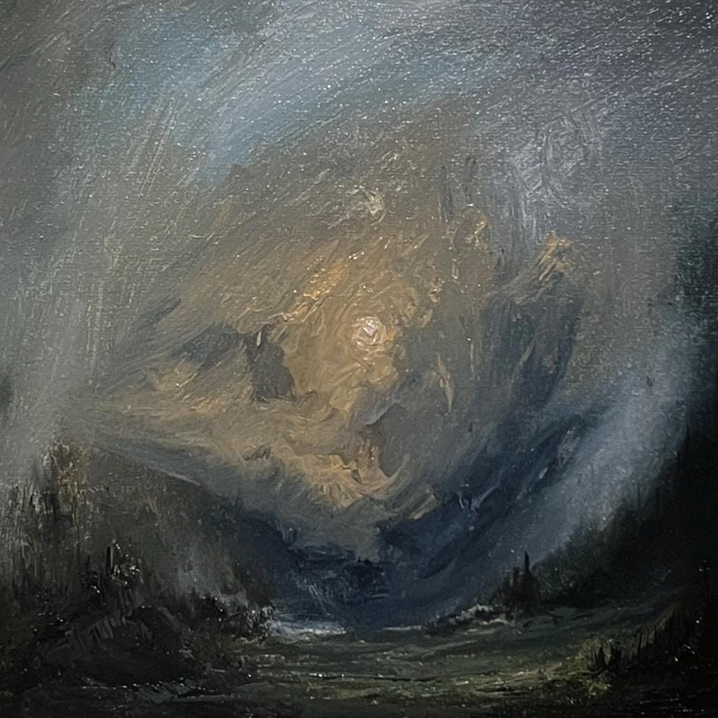 Abstract Misty Mountain Valley – Original Oil Painting 20x20 cm – Atmospheric Landscape