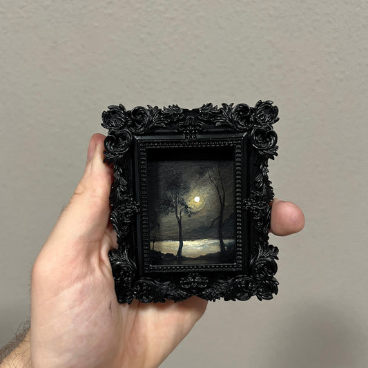 Whispers of the Night – Gothic Miniature Oil Painting | Dark Academia Moonlit Landscape | Framed Original