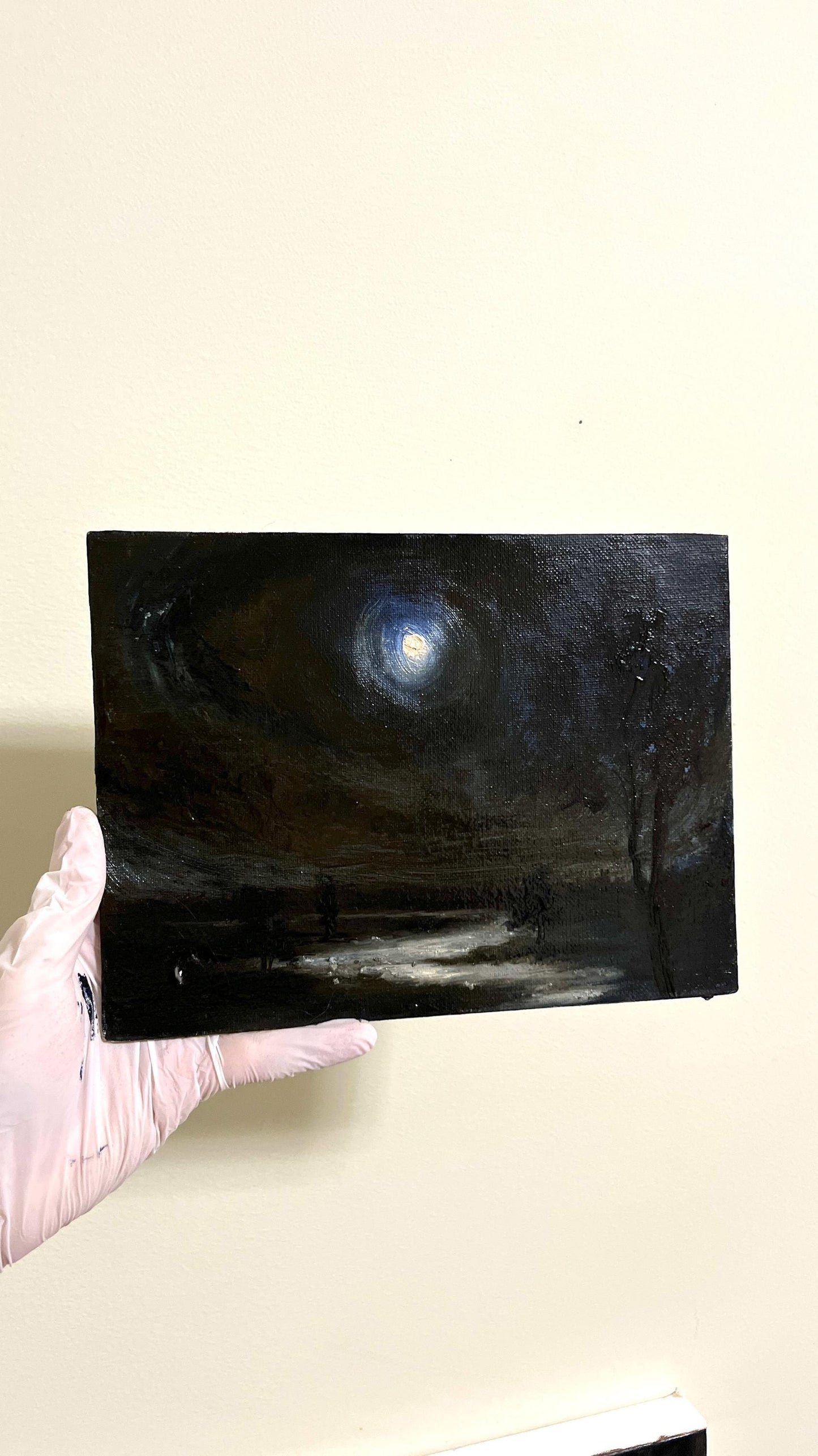 Moonlit Night Walk – Original 18x24 cm Oil Painting Landscape on Canvas | Dark Atmospheric Art for Gothic decor