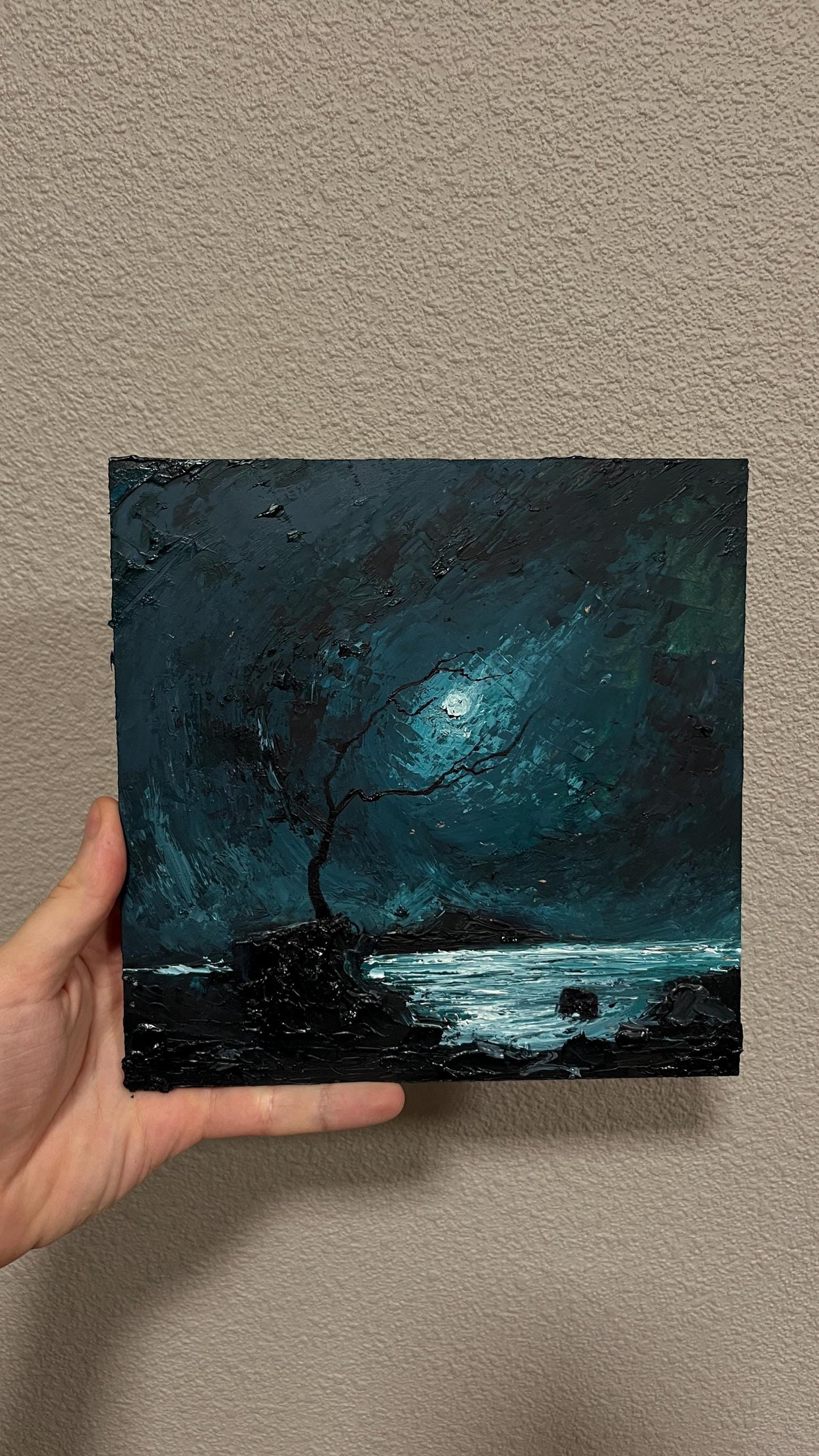 Original Oil Painting: Dark Romantic Nocturne Landscape - 20x20 cm