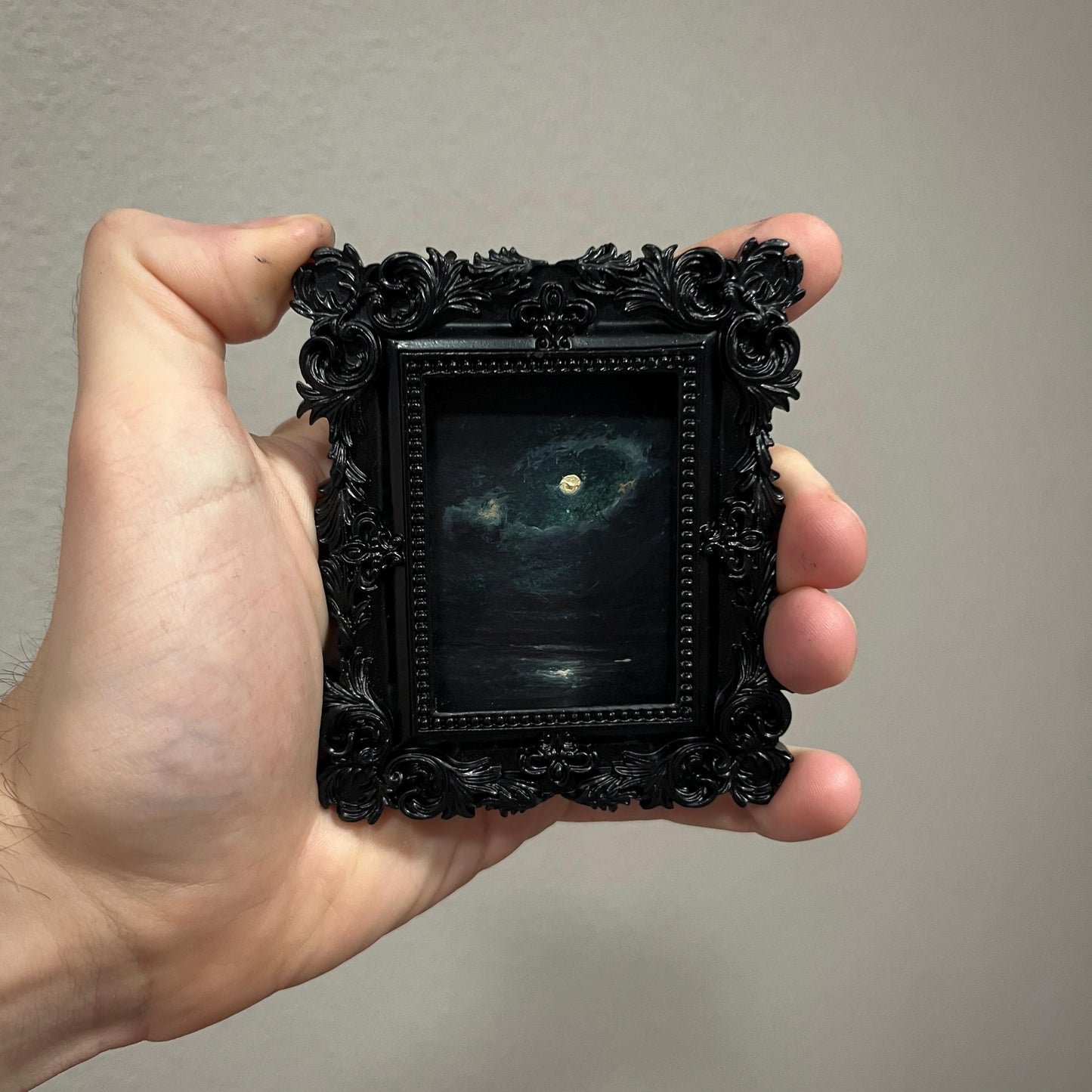 Eternal Lament – Gothic Miniature Oil Painting | Dark Academia Moonlit Seascape | Framed Original Art