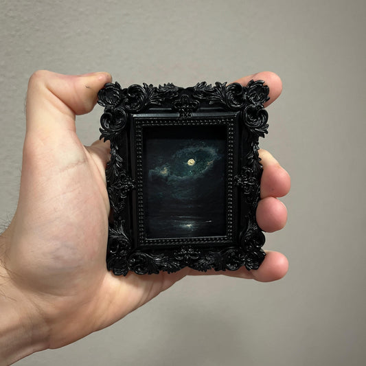Eternal Lament – Gothic Miniature Oil Painting | Dark Academia Moonlit Seascape | Framed Original Art