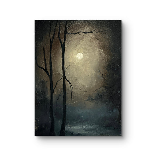 Silent Grove – Original Gothic Oil Painting 18x24 cm (7×9.4 in) | Dark Academia Moonlit Forest