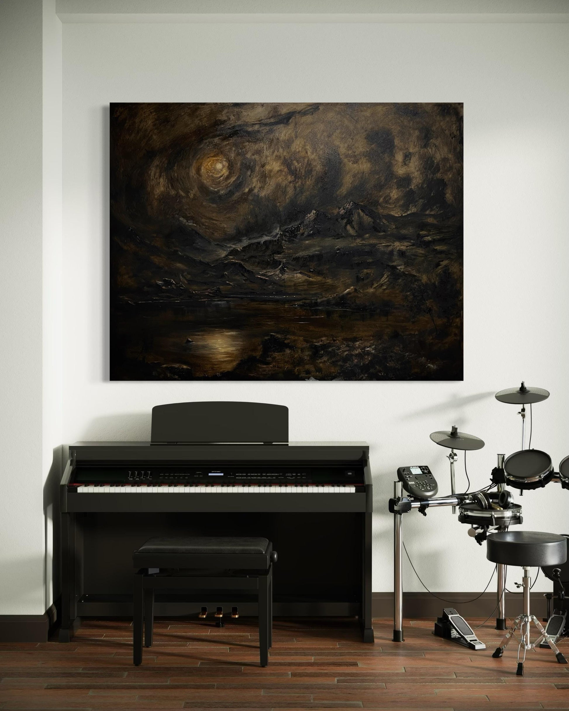 Custom large wall mural painting styled in a luxury living room interior with high ceilings
