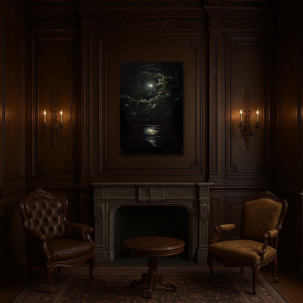 Large Gothic landscape oil painting styled in a luxury dark academia living room above the fireplace