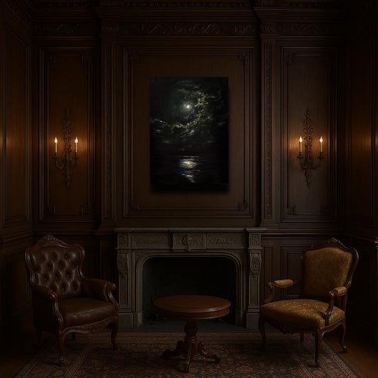 Large Gothic landscape oil painting styled in a luxury dark academia living room above the fireplace