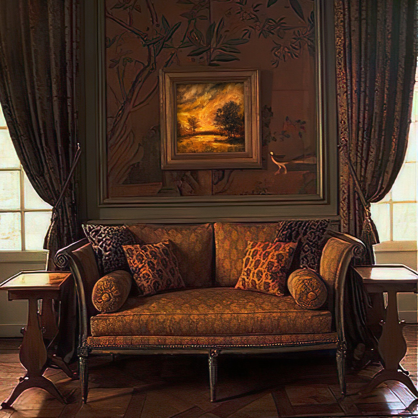 Decorative living room with a patterned sofa, ornate wall art, and draped curtains.