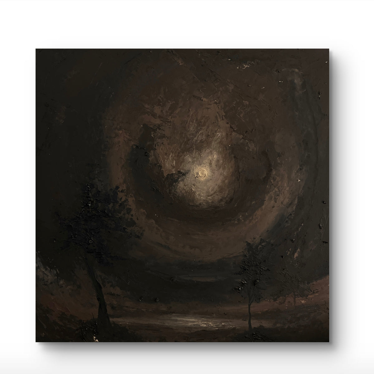 A square dark-toned painting depicting a moody night landscape with a glowing moon or light source in the sky, swirling clouds, and silhouetted trees along the horizon, shown against a light gray background.