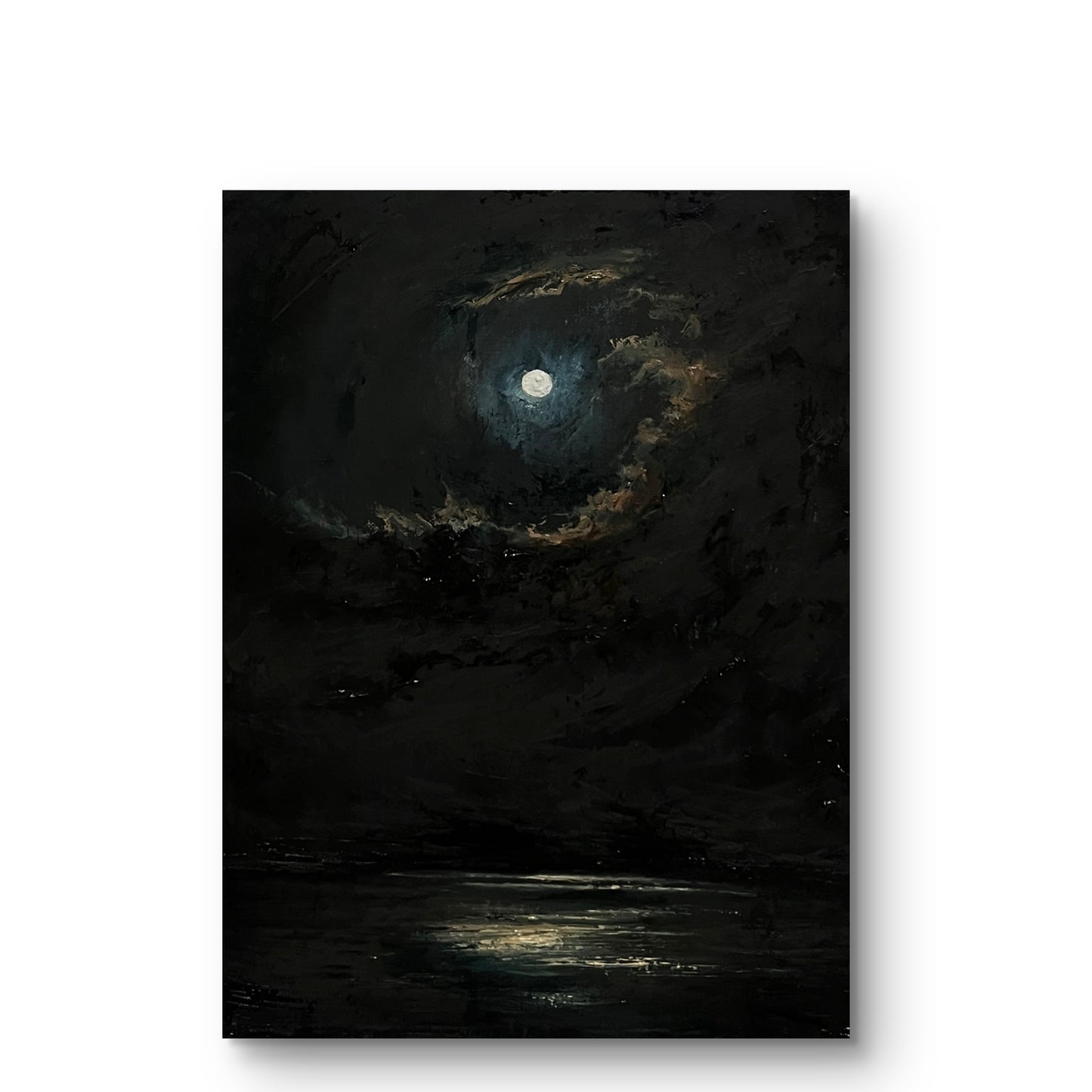 Dark night sky with a full moon over seascape painting on canvas