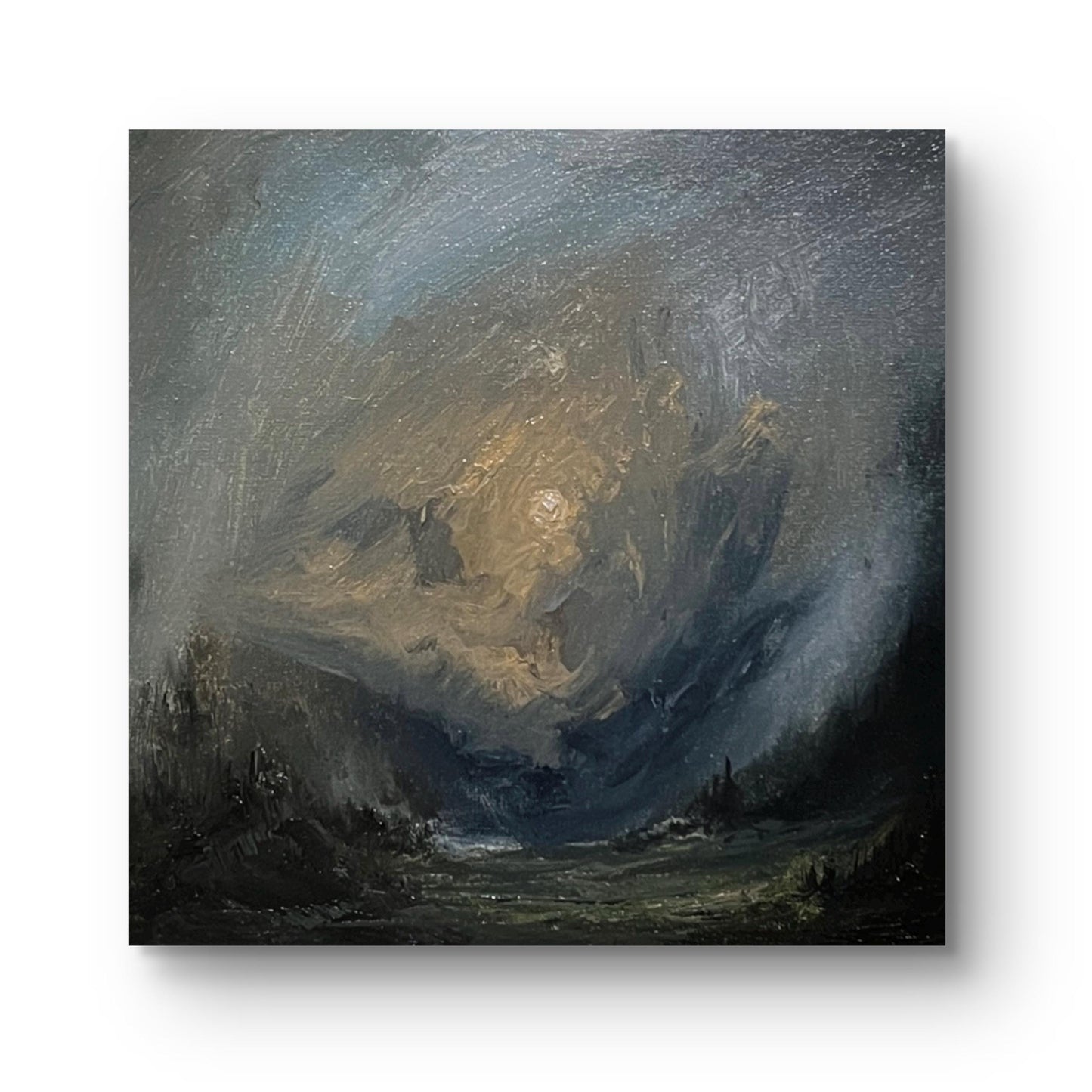 Abstract Misty Mountain Valley – Original Oil Painting 20x20 cm – Atmospheric Landscape