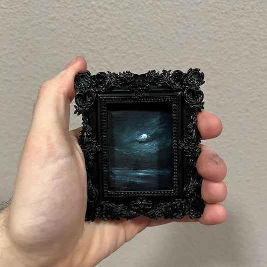 Phantom Vessel – Gothic Miniature Oil Painting | Dark Academia Moonlit Seascape with Ship | Framed Original Art