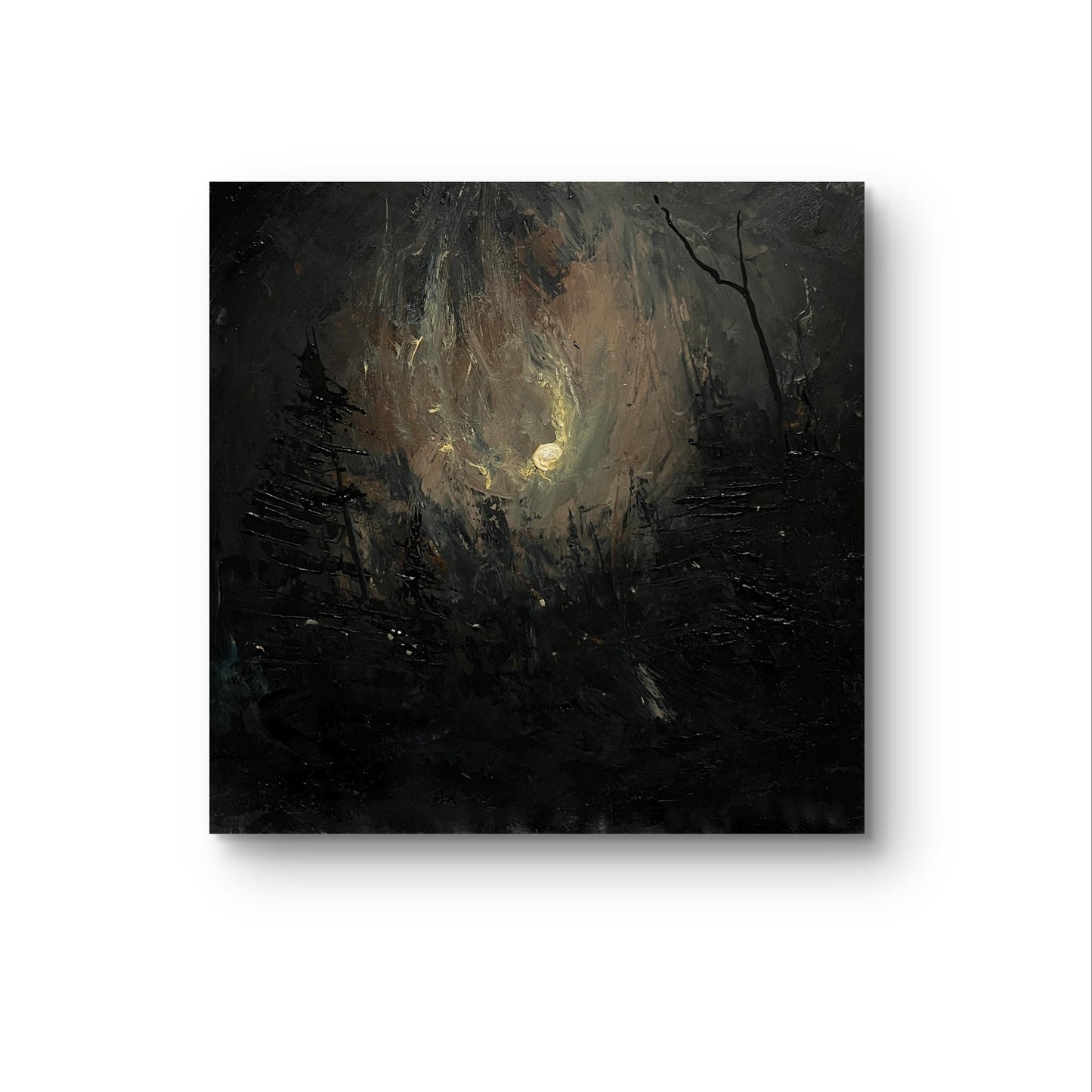 Omen of the Hollow – Original Gothic Oil Painting 20x20 cm (8x8 in) | Dark Academia Night Forest