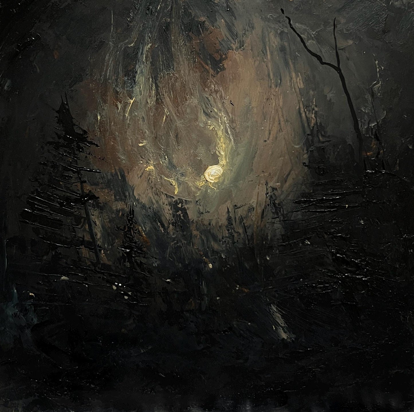 Omen of the Hollow – Original Gothic Oil Painting 20x20 cm (8x8 in) | Dark Academia Night Forest