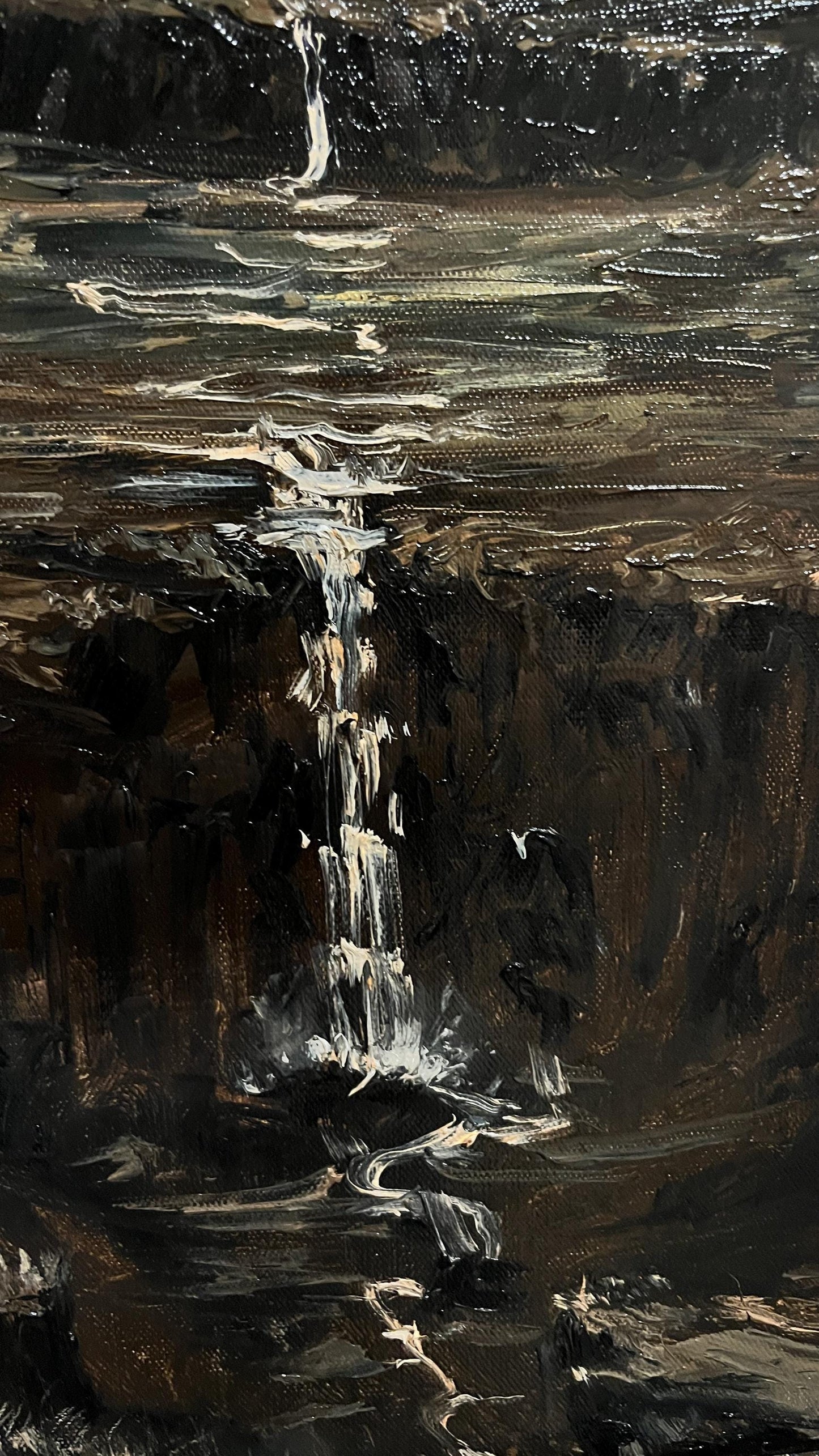 Close-up of heavy impasto paint texture on the misty mountains of Eclipse of the Valley oil painting