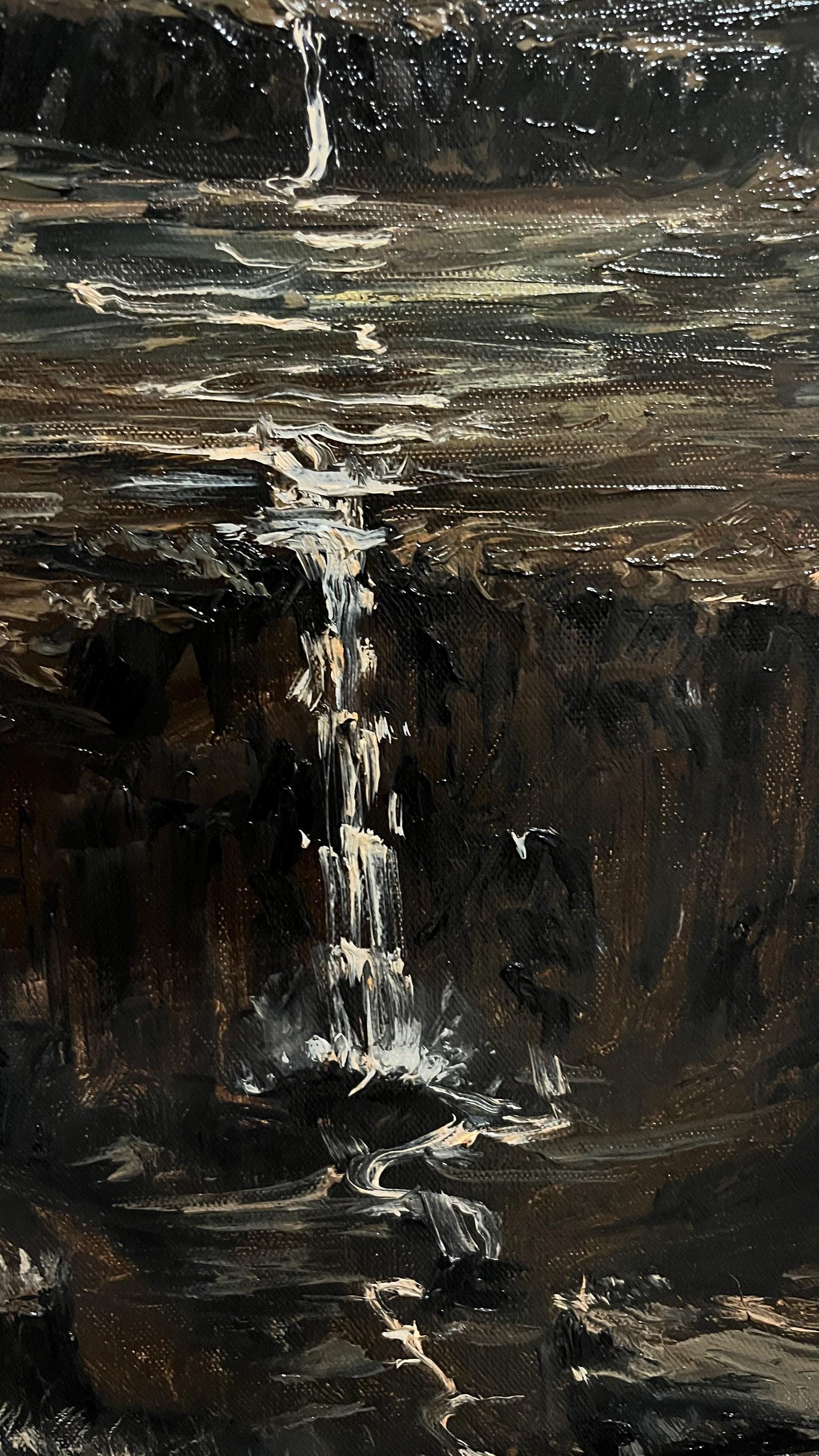 Close-up of heavy impasto paint texture on the misty mountains of Eclipse of the Valley oil painting