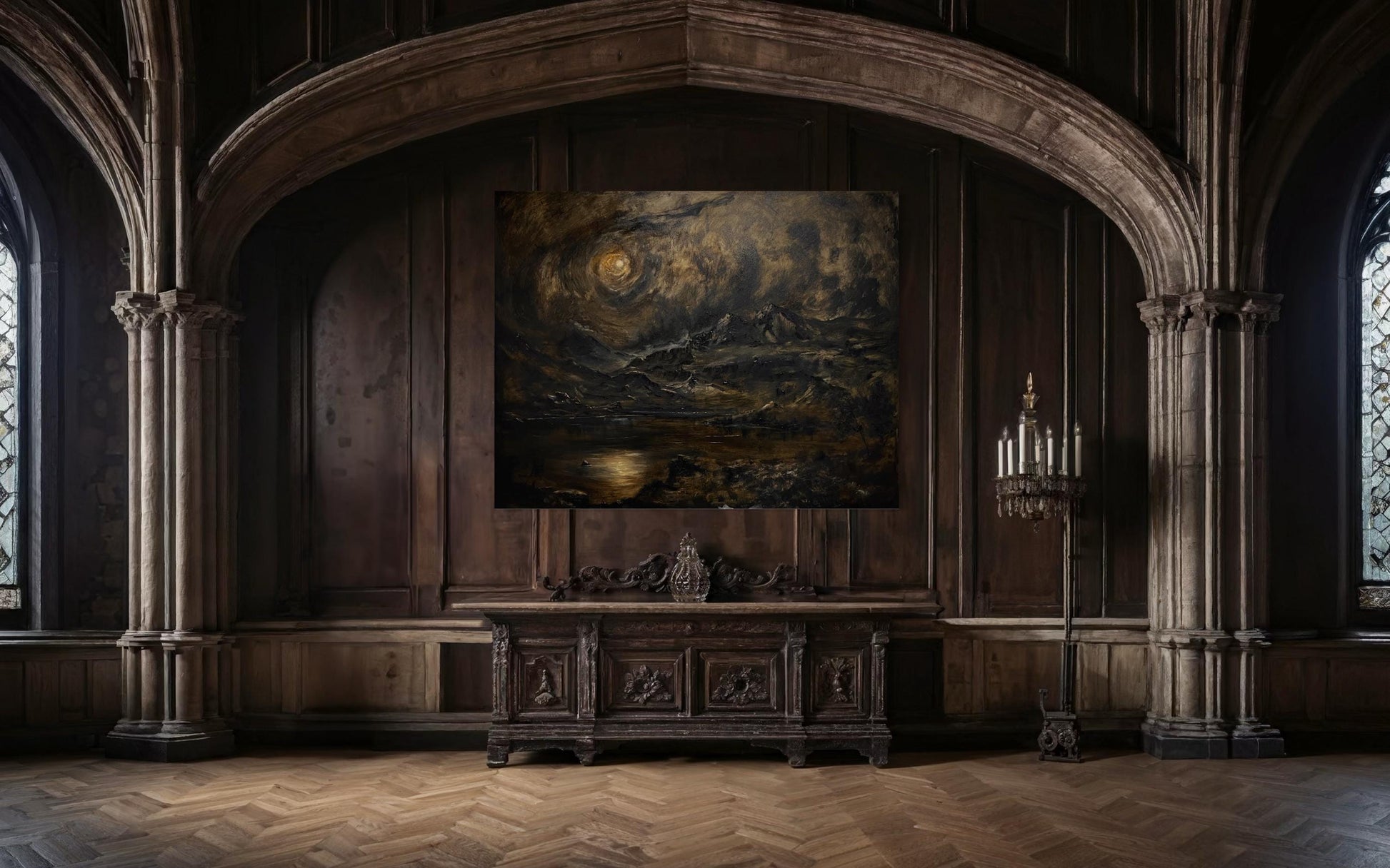 Extra large custom wall mural painting on canvas, hand-painted original statement art for luxury gothic decor and high ceilings by Mikhail Khalin.
