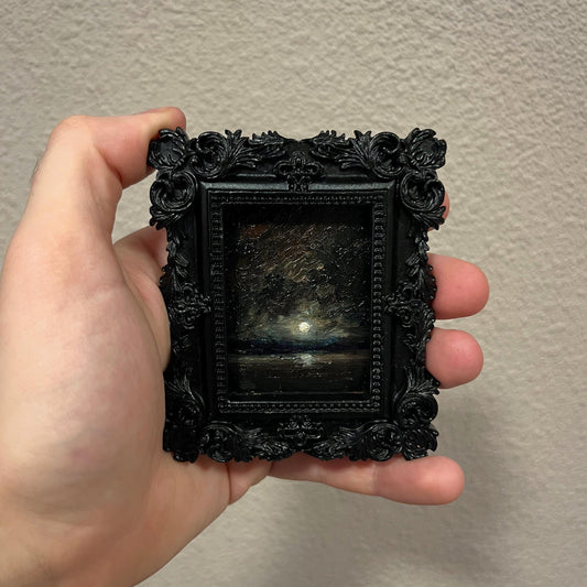 Framed Dark Academia Mini Oil Painting | Gothic Moonlit Seascape Art | Black Ornate Frame
