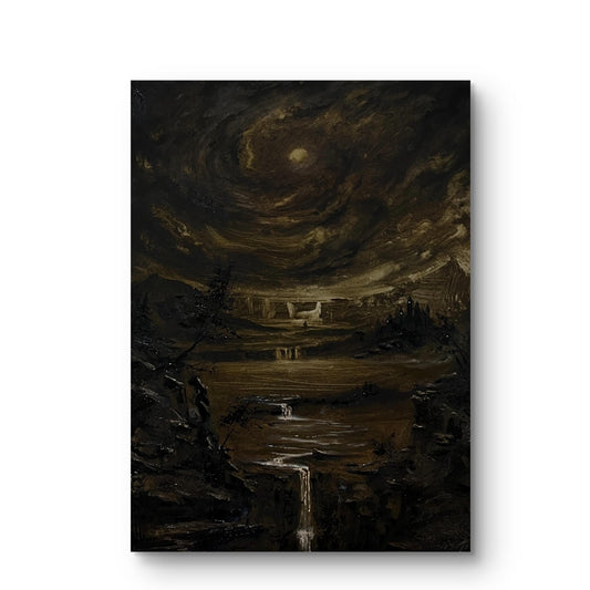 20x28 inch Original Oil Painting landscape on canvas. Mystery moonlit fantasy art. Handmade artwork. Nostalgia Dark Painting. Waterfalls art