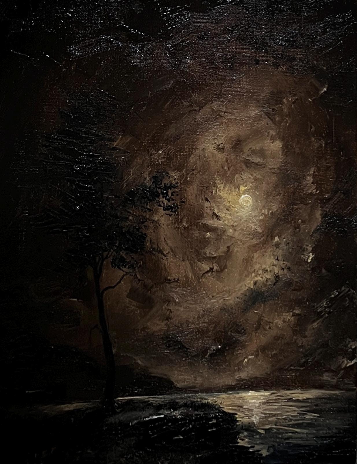 Mystic Moonlit Night – Dark Gothic Landscape Oil Painting, 24x30 cm, Mysterious Nocturnal Artwork, Haunted Forest Scene, Original Wall Art