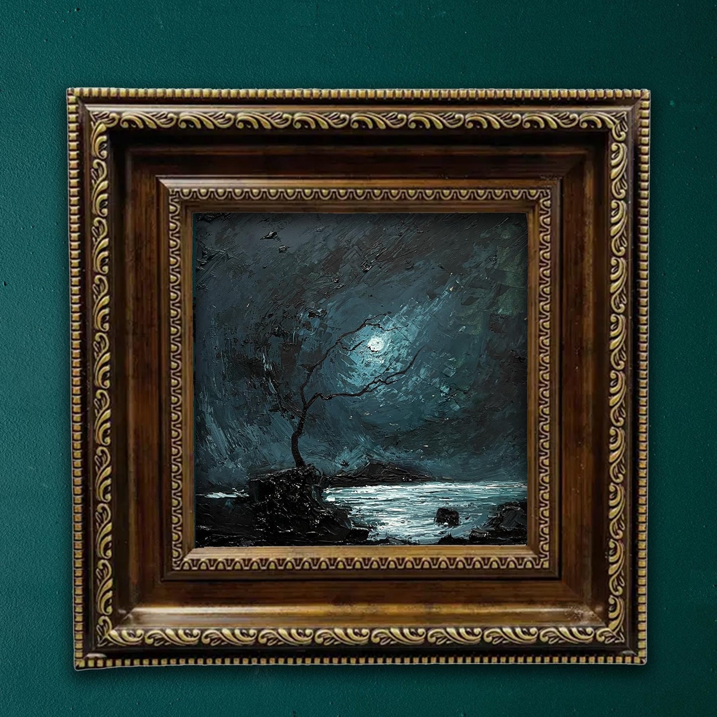 Original Oil Painting: Dark Romantic Nocturne Landscape - 20x20 cm