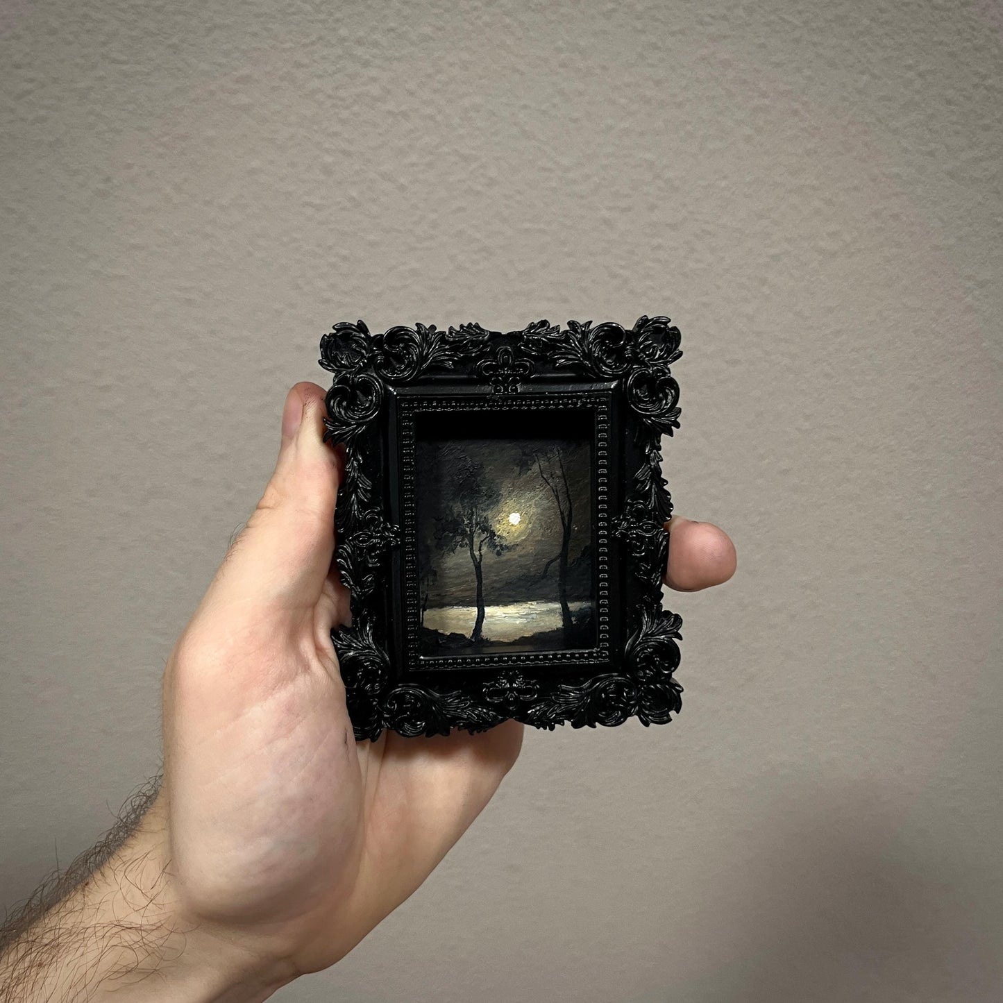Whispers of the Night – Gothic Miniature Oil Painting | Dark Academia Moonlit Landscape | Framed Original