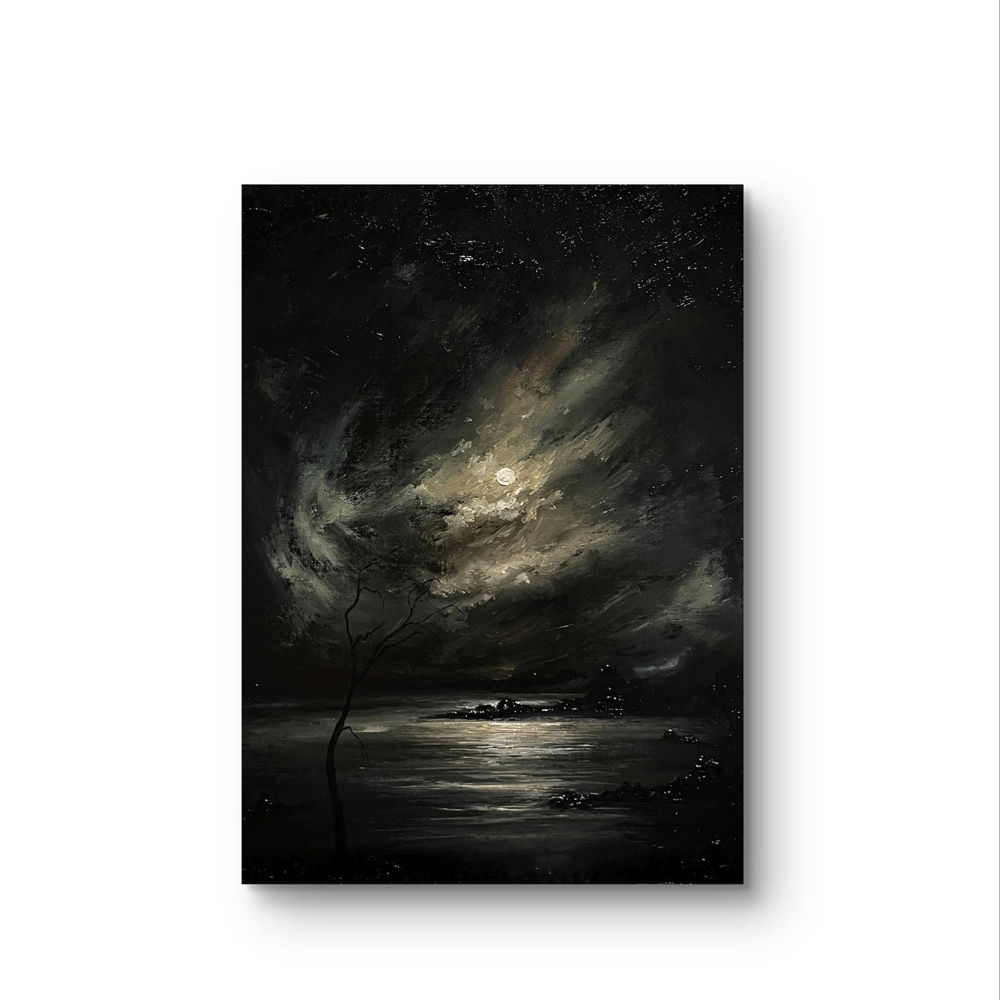 Original Oil Painting 12x16" | Moonlit Night Sky Over the Sea | Atmospheric Dark Seascape