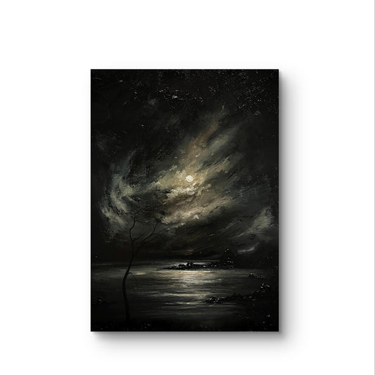 Original Oil Painting 12x16" | Moonlit Night Sky Over the Sea | Atmospheric Dark Seascape