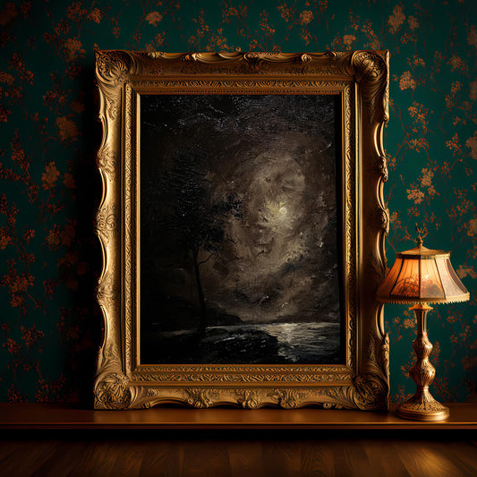 Mystic Moonlit Night – Dark Gothic Landscape Oil Painting, 24x30 cm, Mysterious Nocturnal Artwork, Haunted Forest Scene, Original Wall Art