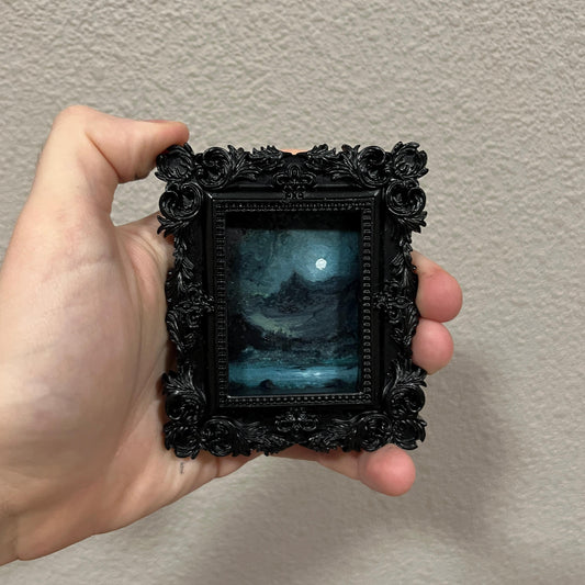Midnight Ascent – Gothic Miniature Oil Painting | Dark Academia Moonlit Mountain Scene | Framed Original