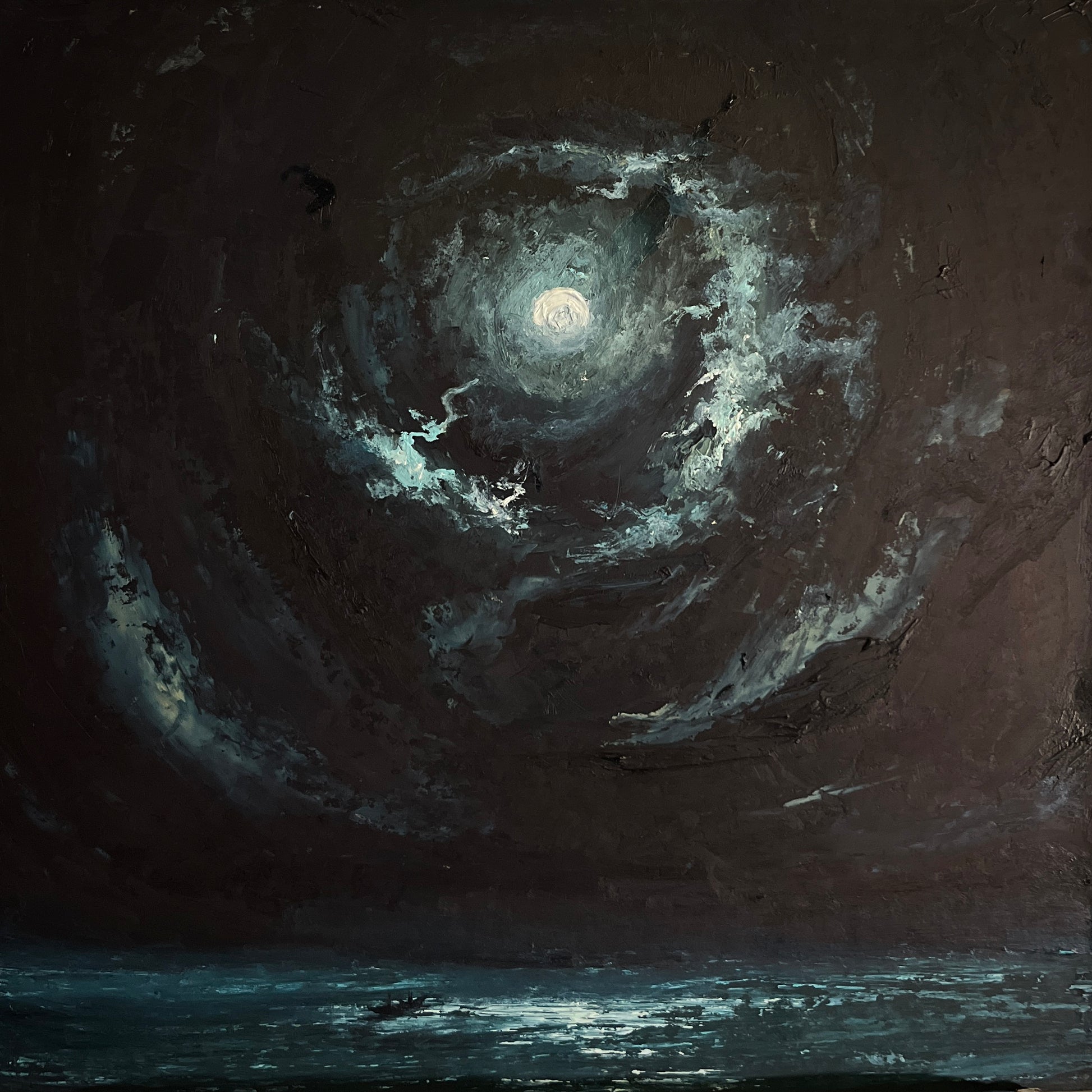An impressionistic painting of a dark night sky over water, featuring a bright moon or light source in the center with swirling gray and white clouds and a reflective blue-gray horizon below.