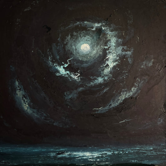 An impressionistic painting of a dark night sky over water, featuring a bright moon or light source in the center with swirling gray and white clouds and a reflective blue-gray horizon below.