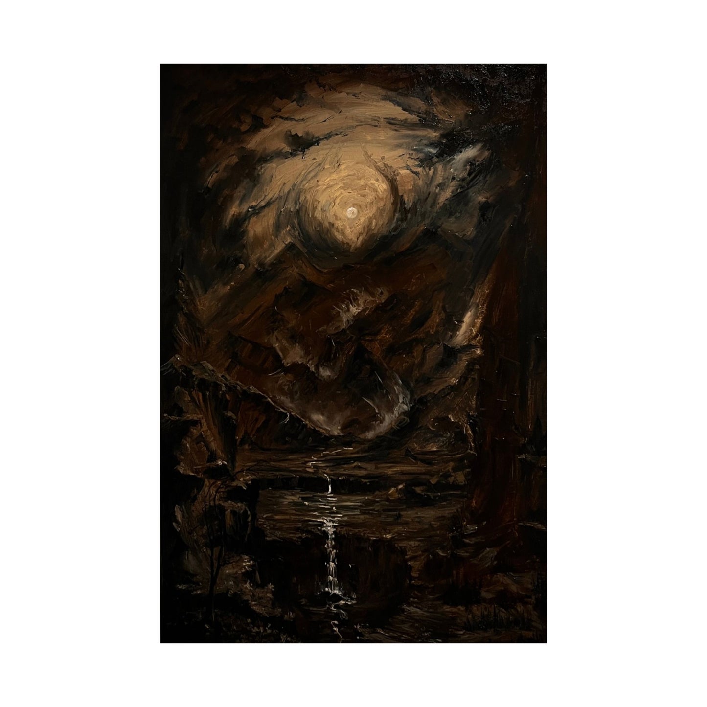 Moody dark mountain landscape gothic print wall art, mysterious misty peak oil painting reproduction for dark academia prints by Mikhail Khalin.