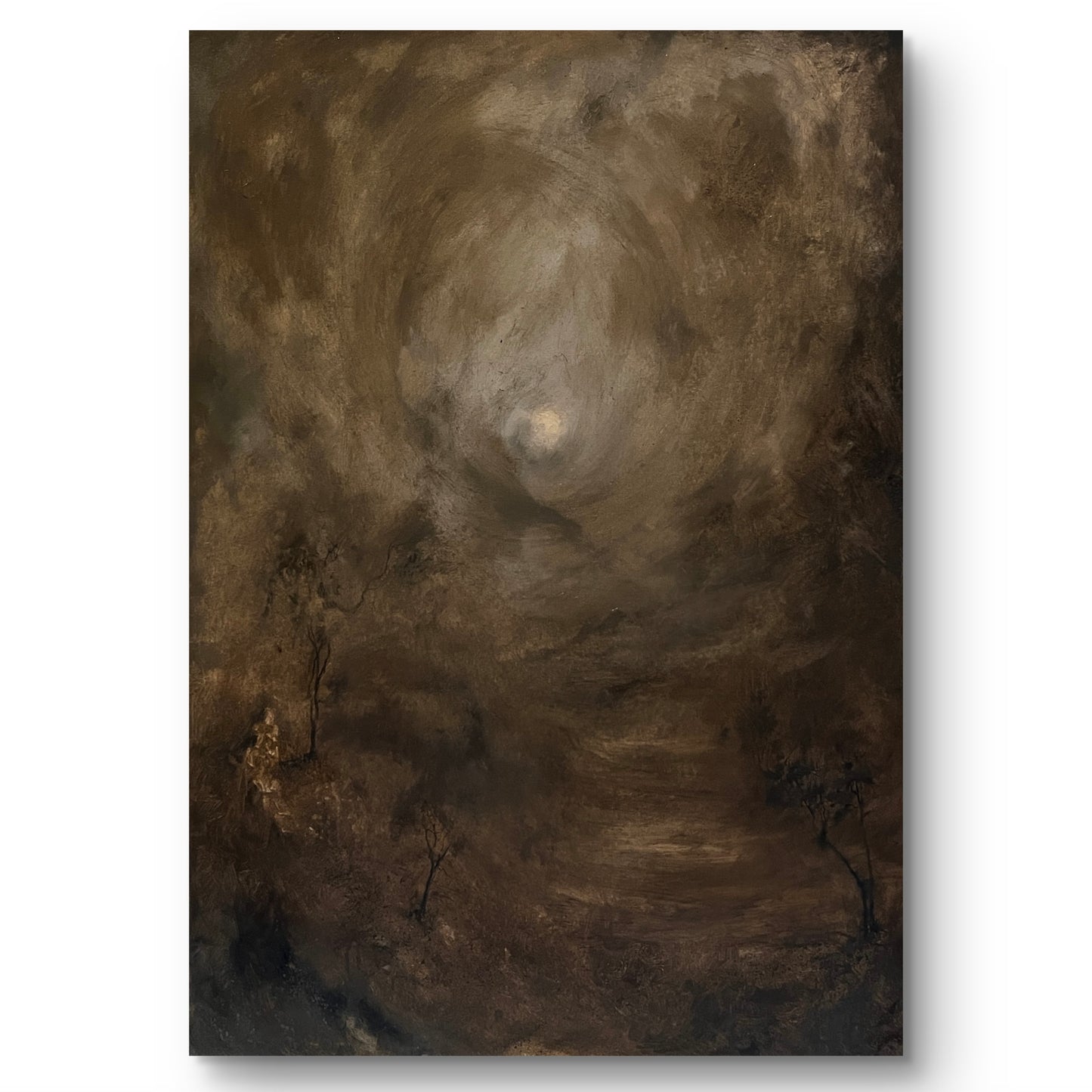 Moody foggy forest statement landscape original oil painting, heavy impasto texture for dark academia interior decor by Mikhail Khalin.