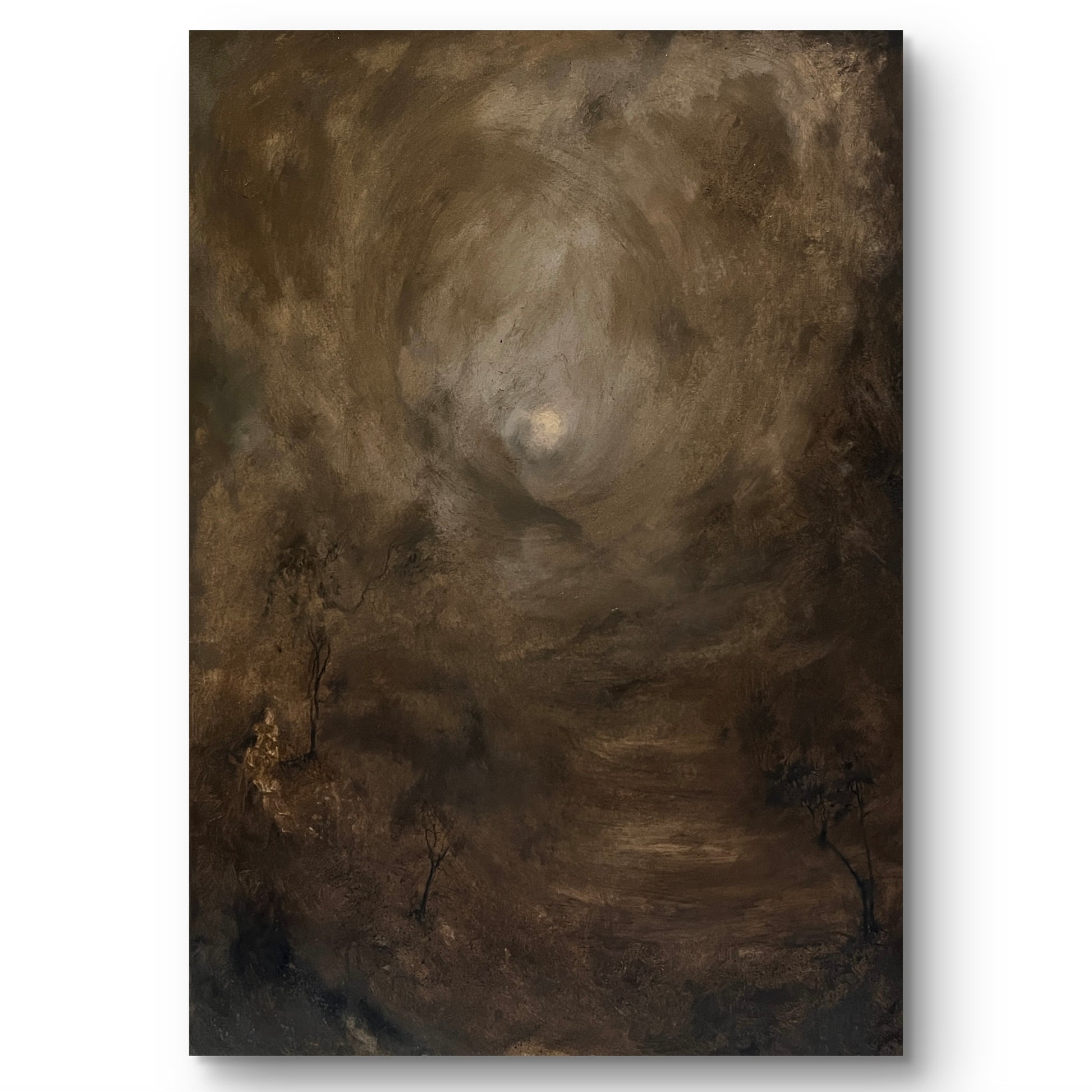 Moody foggy forest statement landscape original oil painting, heavy impasto texture for dark academia interior decor by Mikhail Khalin.