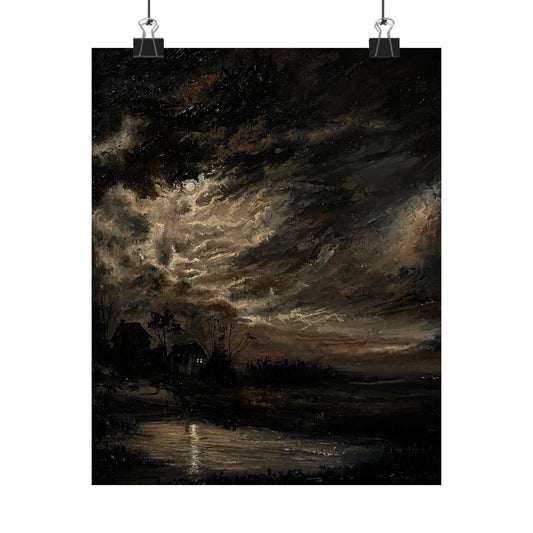 Dark, moody landscape with stormy sky over a body of water moody-dark-academia-landscape-art