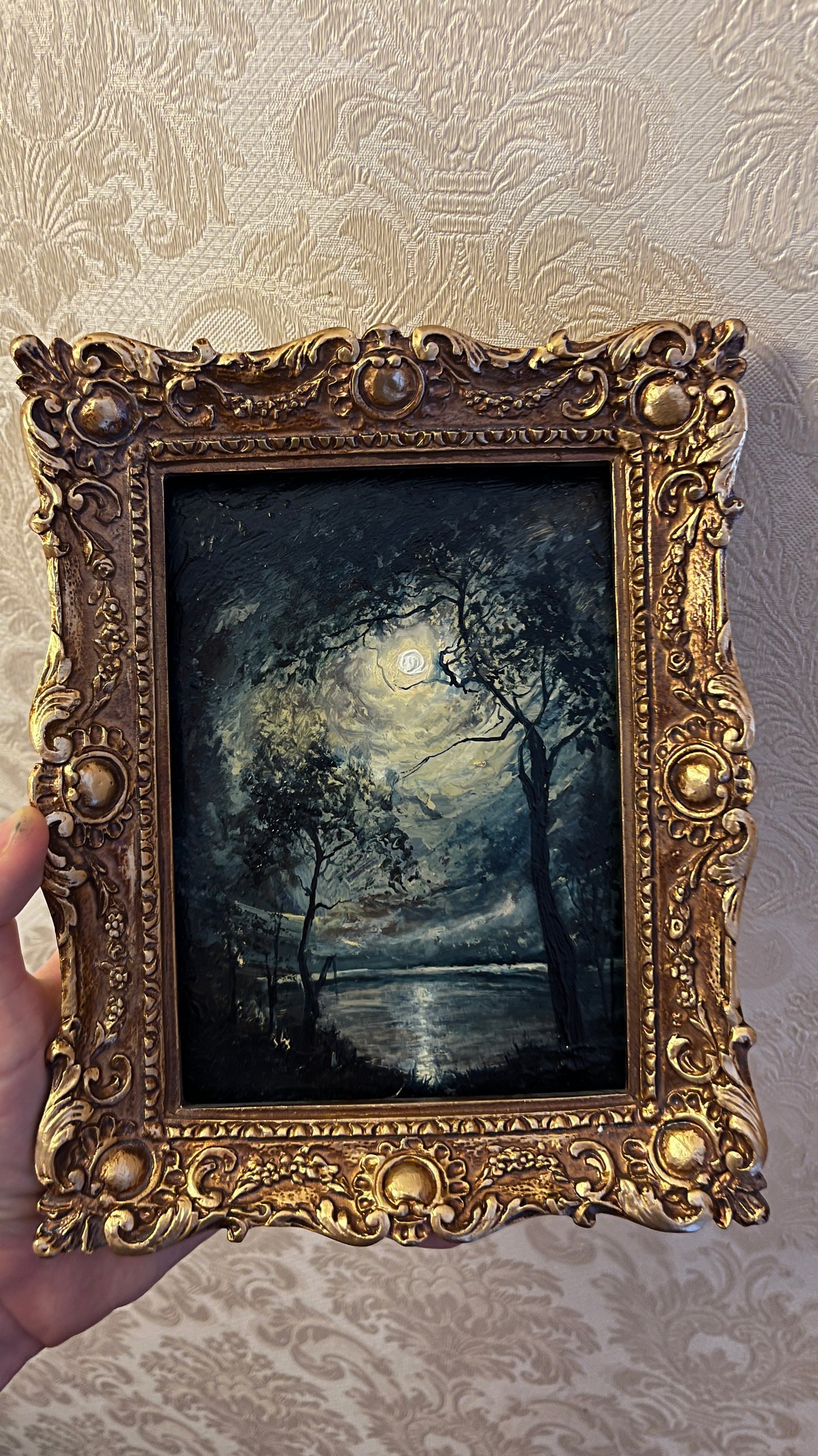 Original 5x7 inch lake nocturne painting shown in scale to demonstrate its miniature frame size