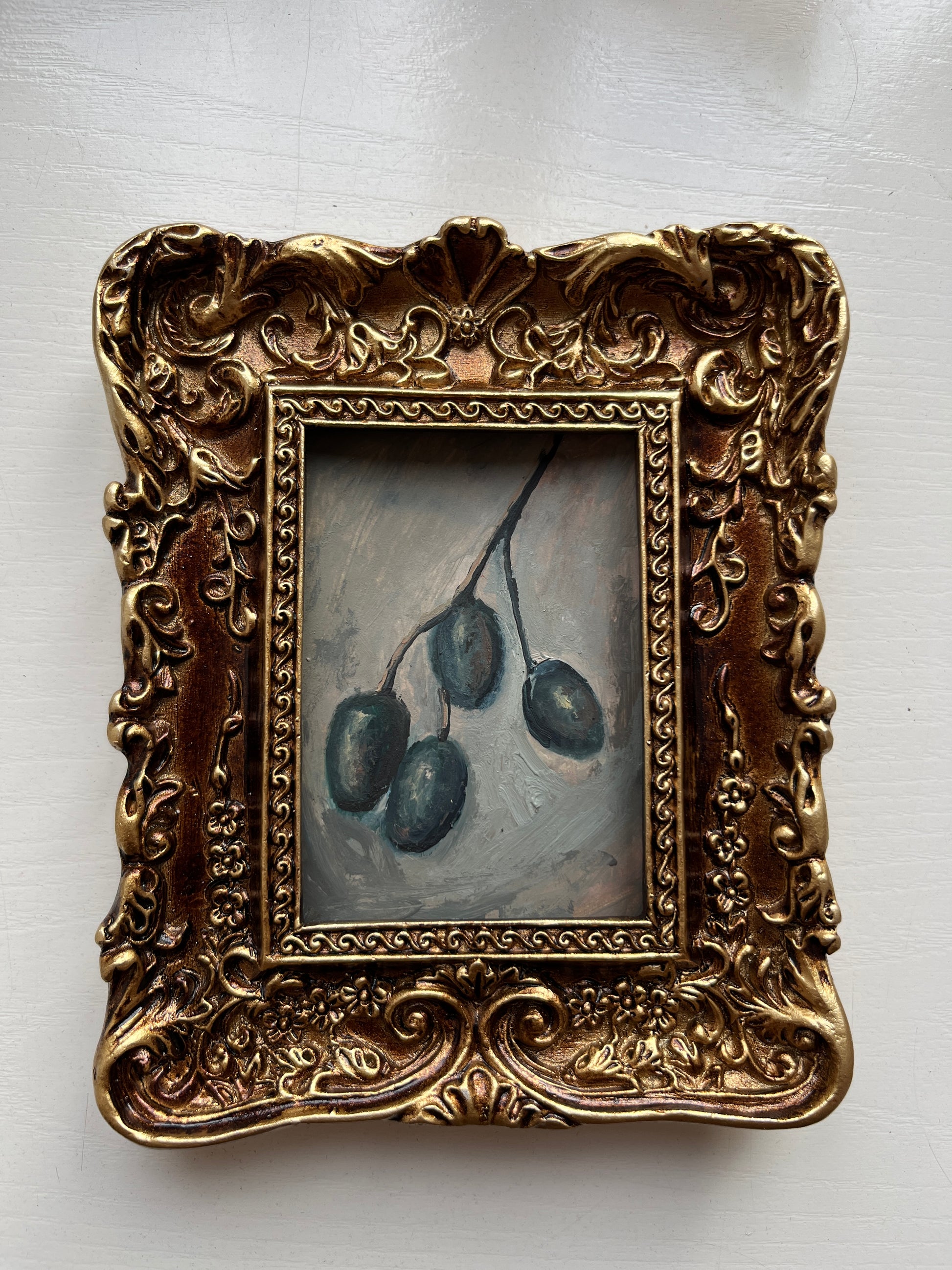 Olive still life original oil painting, small framed miniature cabinet art by Mikhail Khalin
