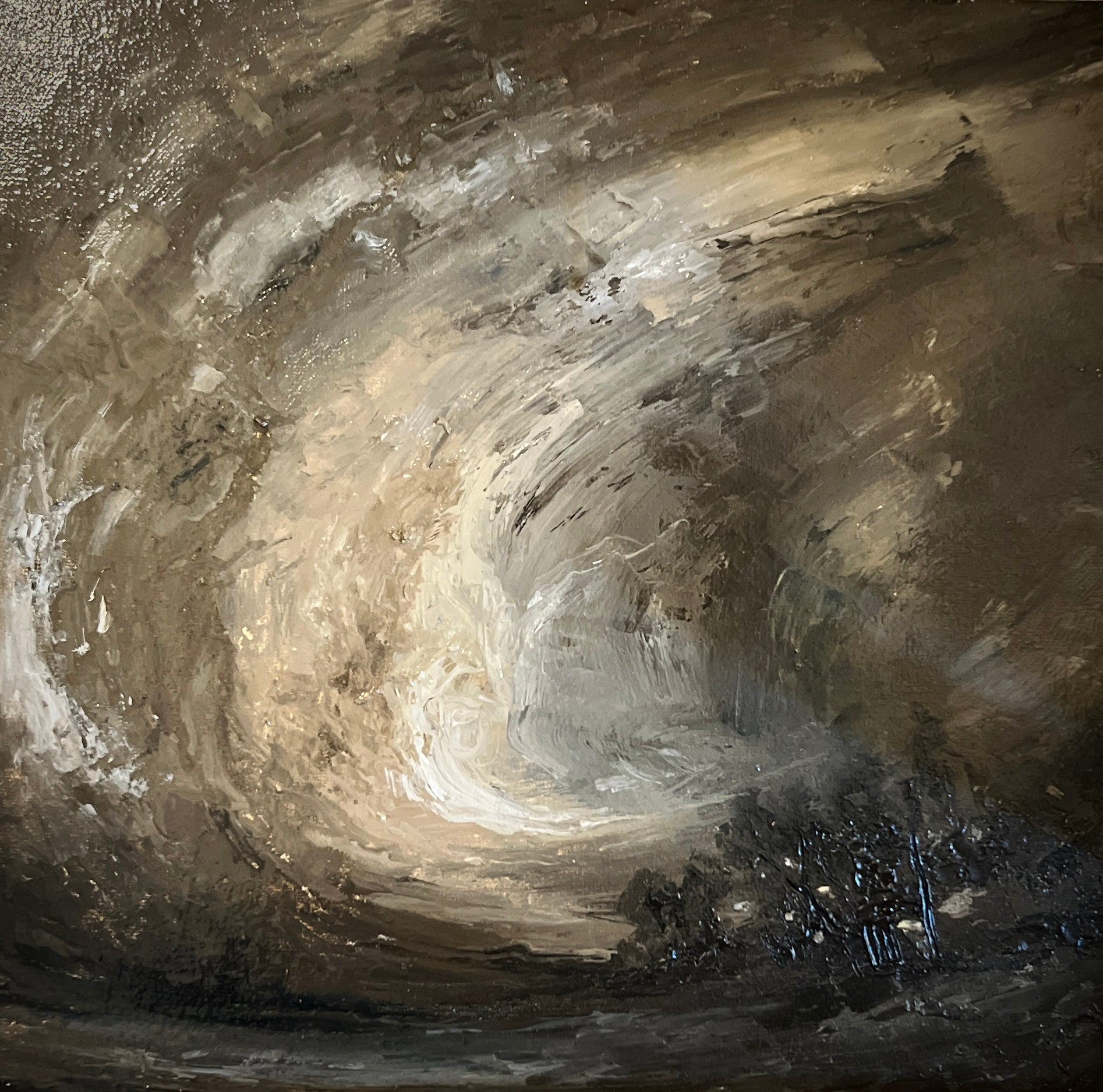 An abstract painting depicting a swirling, textured vortex of earthy tones, featuring thick impasto brushstrokes in shades of brown, beige, gray, and black.