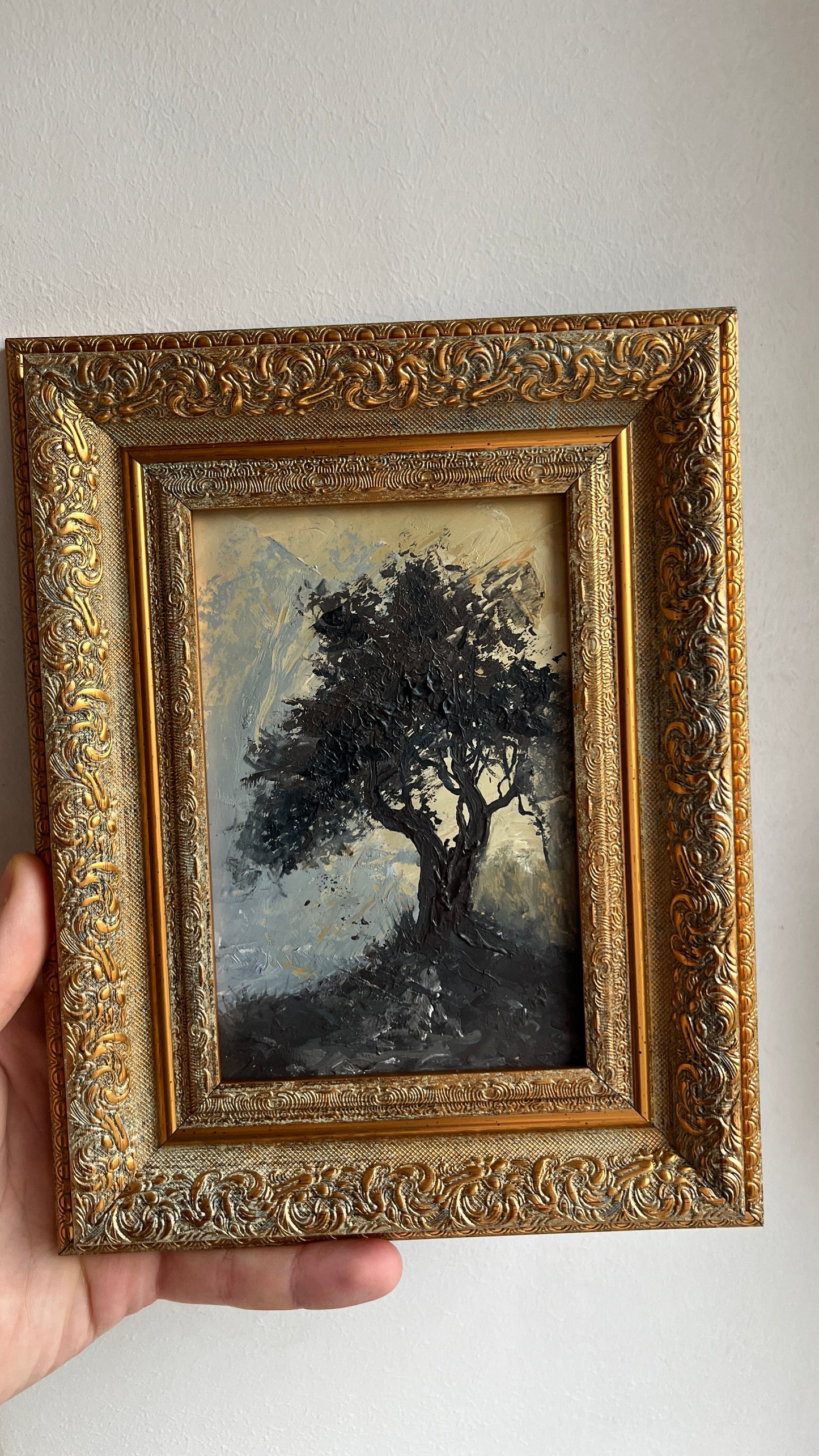 Miniature_oak_tree_forest_landscape_original_oil_painting_4x6_inches_framed_in_vintage_gold_by_Mikhail_Khalin.