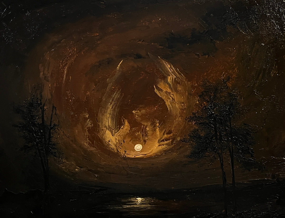 A dark, moody landscape painting showing a glowing moon over a reflective body of water, framed by silhouetted trees on both sides. The sky is rendered in swirling dark brown, black, and warm gold tones with visible impasto brushwork.